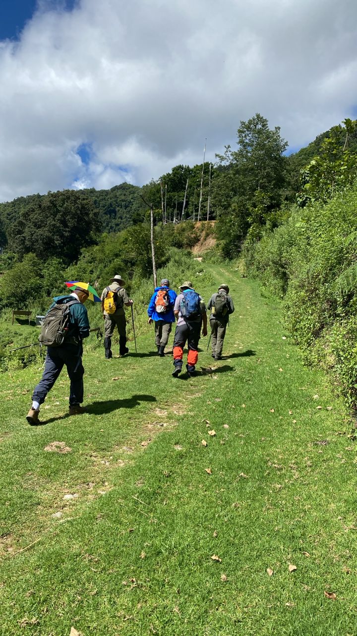 Hikers on a mountain trail with Himalayan peaks in the background